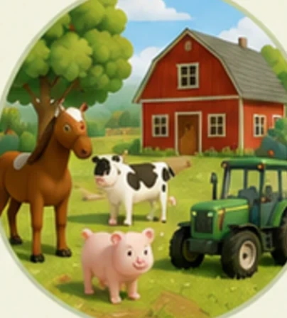 Scheune, Pferd, Kuh, Schwein und Trecker auf dem Bauernhof