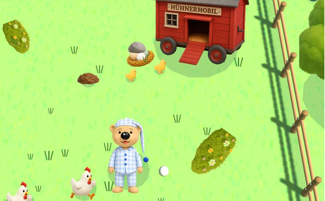 Screenshot aus Baumis Eierjagd mit Baumi, Hühnern, Küken, Eiern und dem Hühnermobil